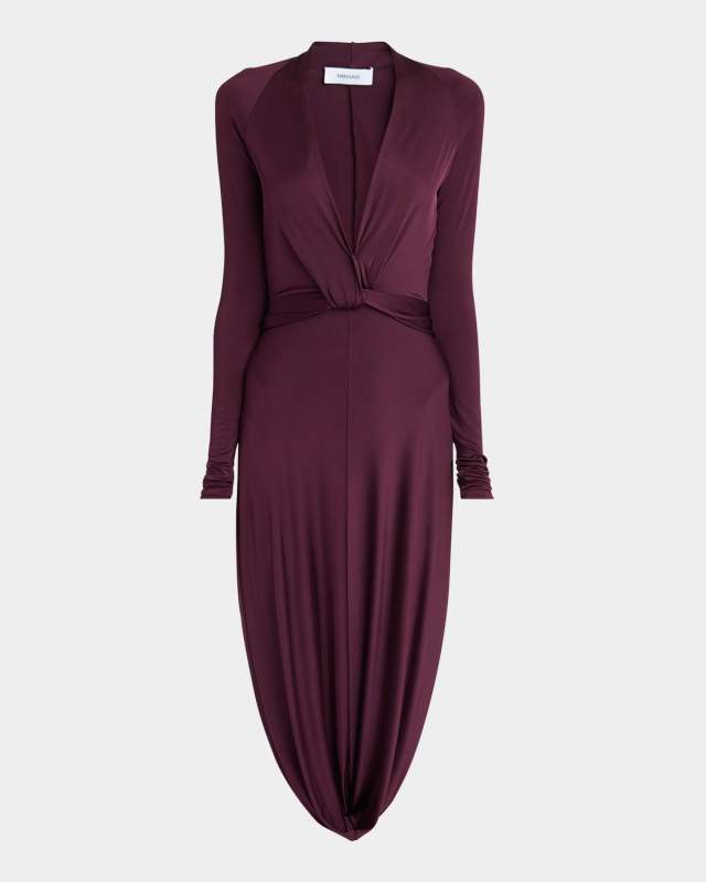 Plunging Draped Jersey Long-Sleeve Dress